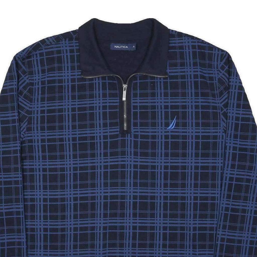 NAUTICA Mens Blue Checked 1/4 Zip Collar 2XL Cotton Blend Sweatshirt Relaxed Fit