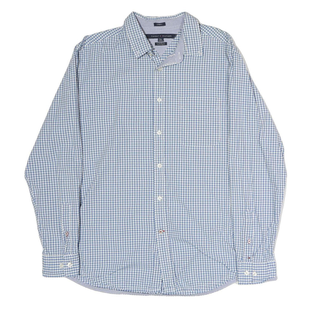 TOMMY HILFIGER Mens Blue Check Shirt L Classic Fit Cotton Casual Long Sleeve
