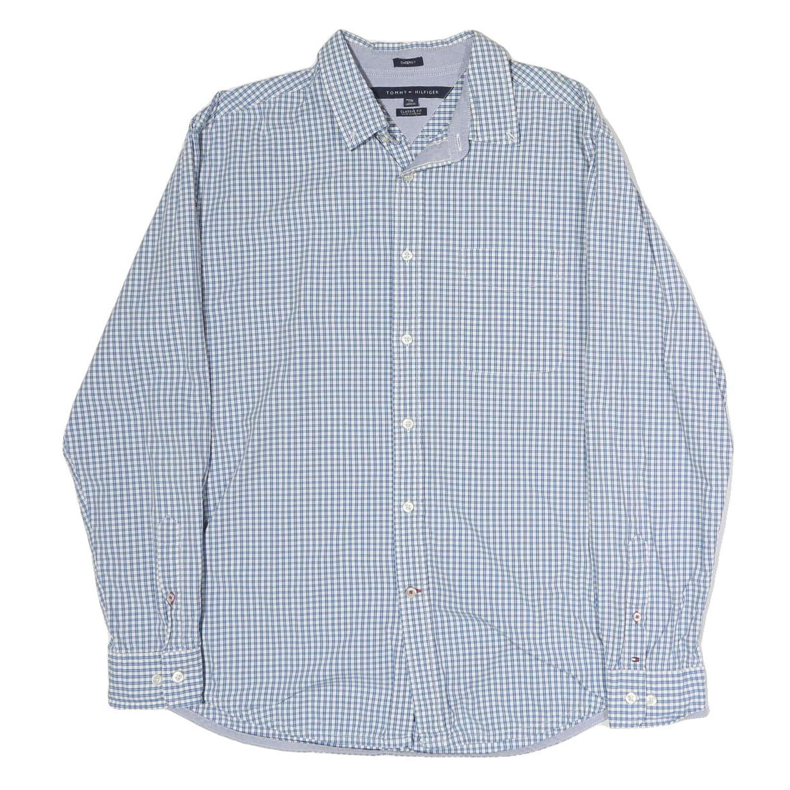 TOMMY HILFIGER Mens Blue Check Shirt L Classic Fit Cotton Casual Long Sleeve