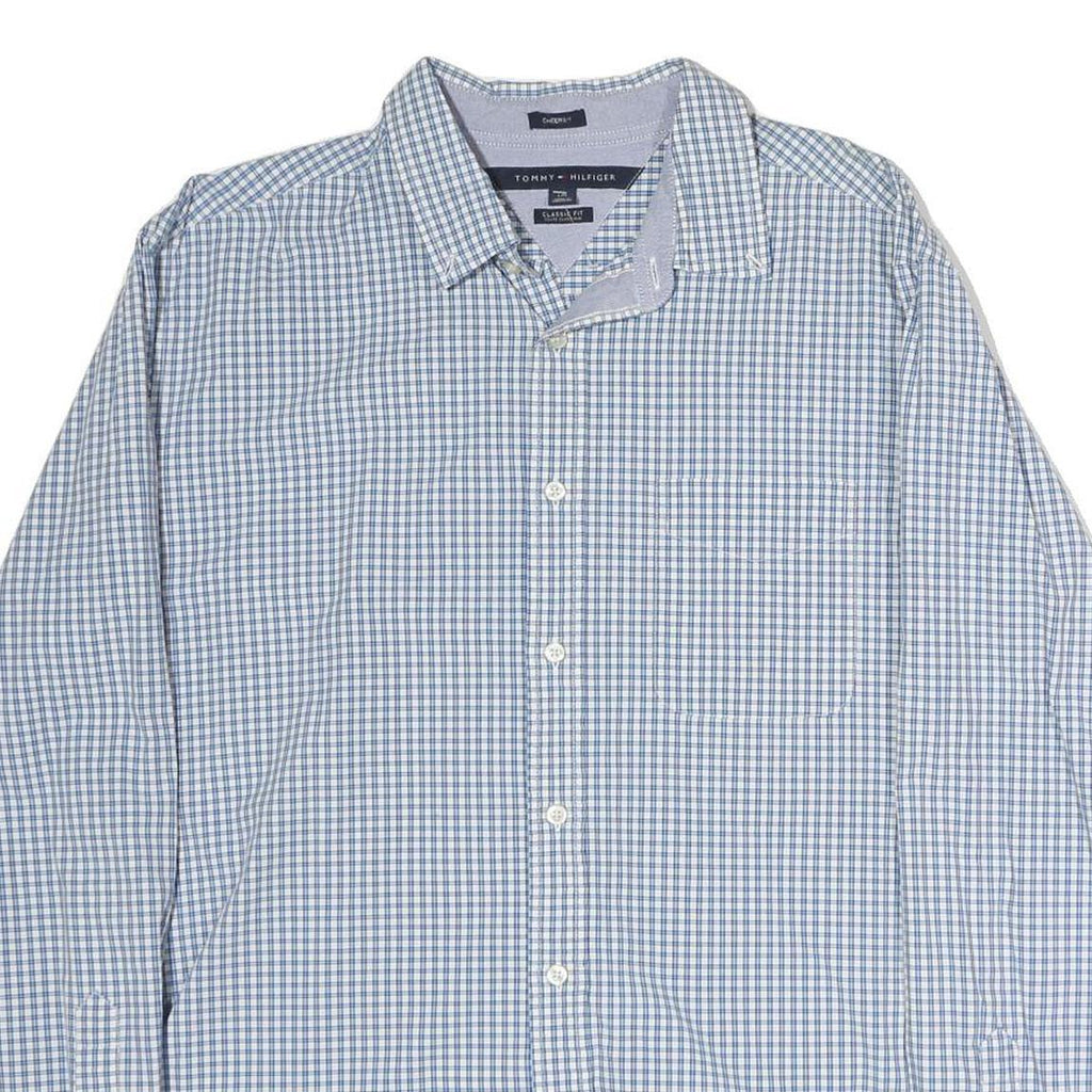 TOMMY HILFIGER Mens Blue Check Shirt L Classic Fit Cotton Casual Long Sleeve