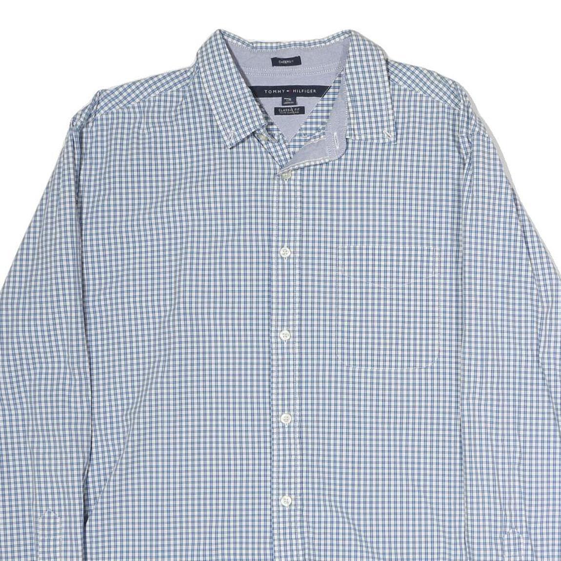 TOMMY HILFIGER Mens Blue Check Shirt L Classic Fit Cotton Casual Long Sleeve