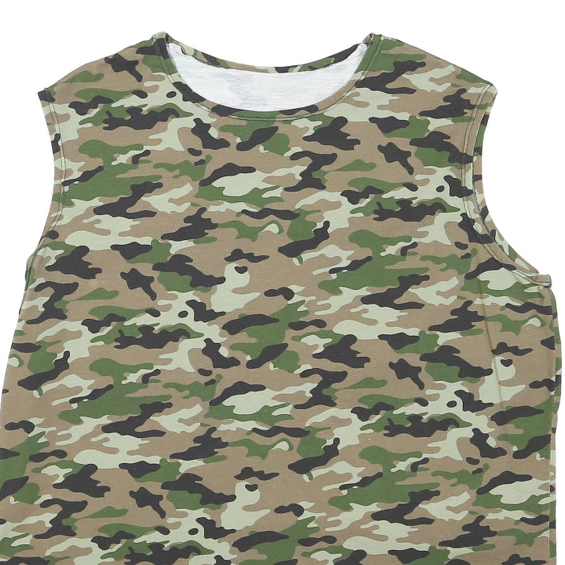 Mens Green & Brown Camouflage Sleeveless Cotton T-Shirt M Round Neck Casual