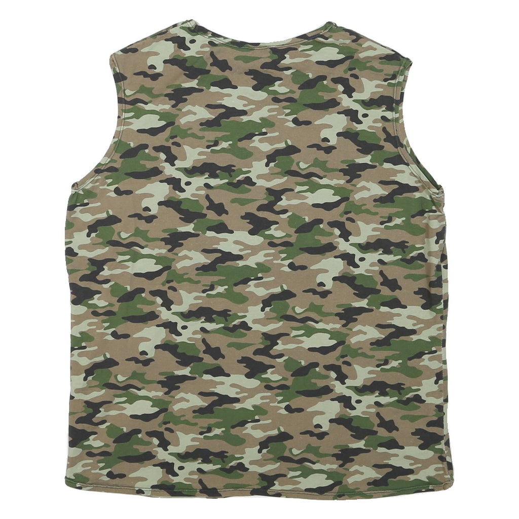 Mens Green & Brown Camouflage Sleeveless Cotton T-Shirt M Round Neck Casual