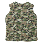 Mens Green & Brown Camouflage Sleeveless Cotton T-Shirt M Round Neck Casual