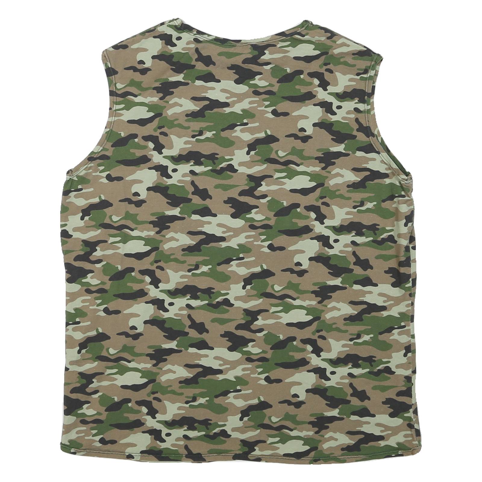 Mens Green & Brown Camouflage Sleeveless Cotton T-Shirt M Round Neck Casual