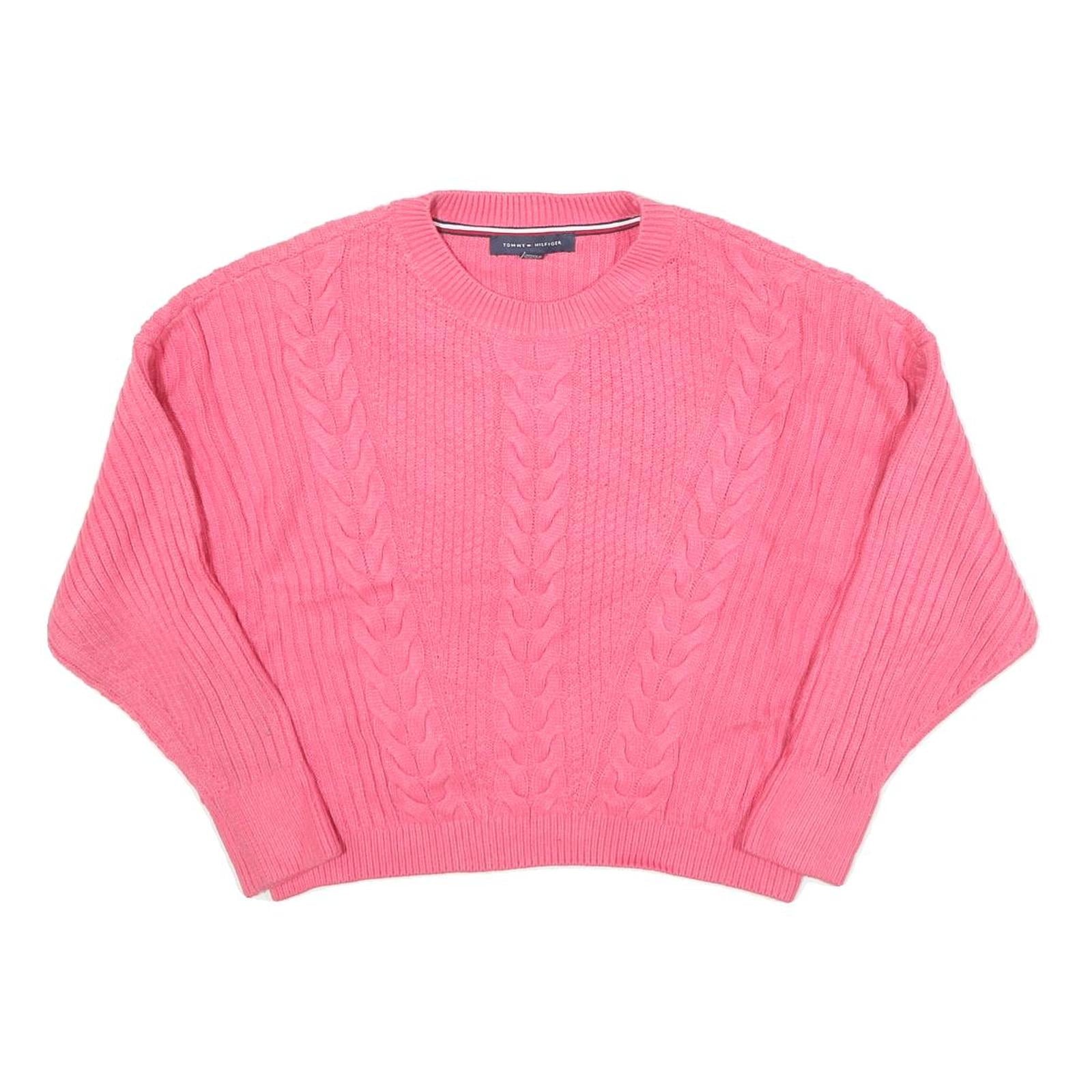 TOMMY HILFIGER Womens Pink Cable Knit Jumper Crew Neck M Cotton Blend Casual