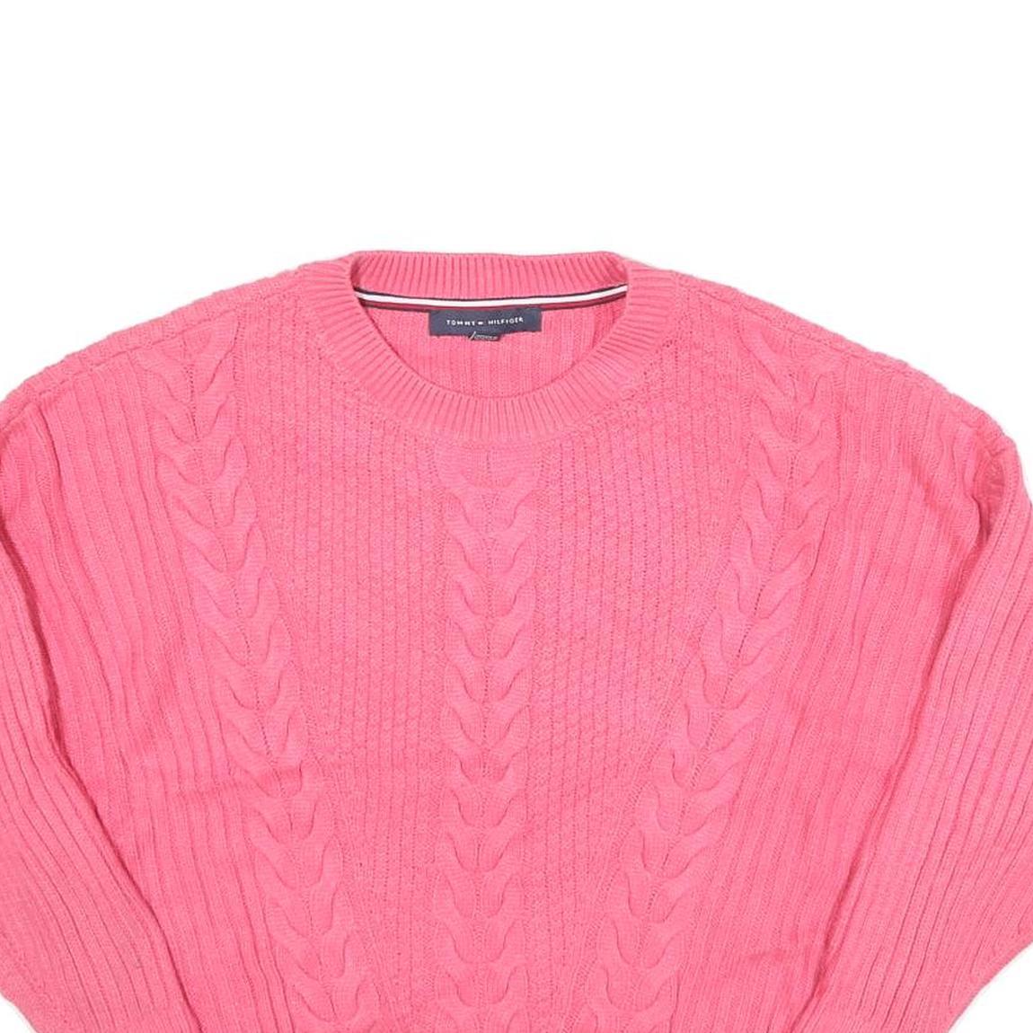 TOMMY HILFIGER Womens Pink Cable Knit Jumper Crew Neck M Cotton Blend Casual