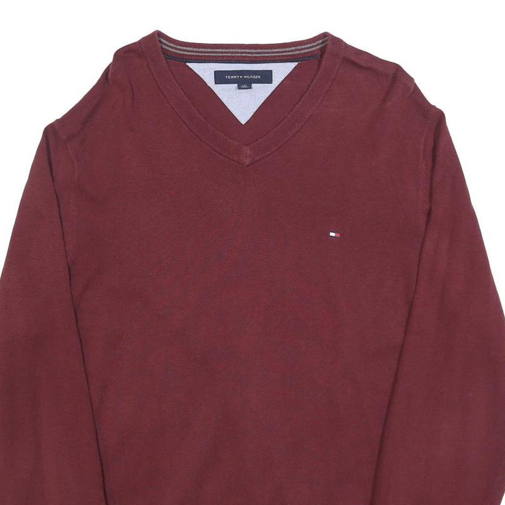TOMMY HILFIGER Mens Maroon Plain V-Neck Basic Knit Jumper L Cotton Blend Classic