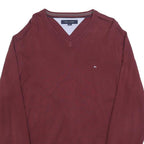 TOMMY HILFIGER Mens Maroon Plain V-Neck Basic Knit Jumper L Cotton Blend Classic
