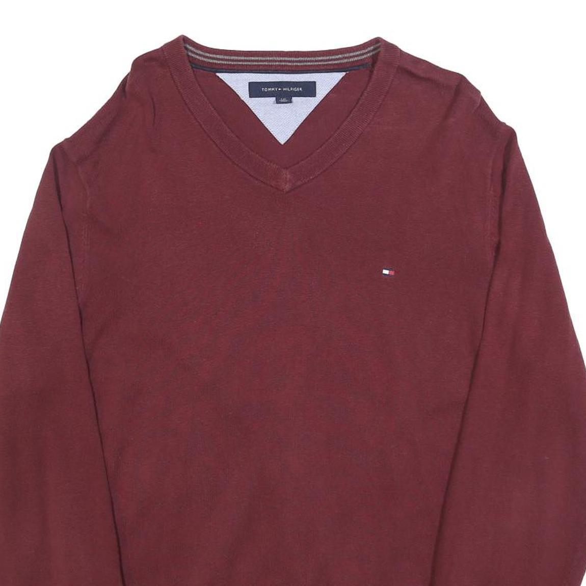 TOMMY HILFIGER Mens Maroon Plain V-Neck Basic Knit Jumper L Cotton Blend Classic