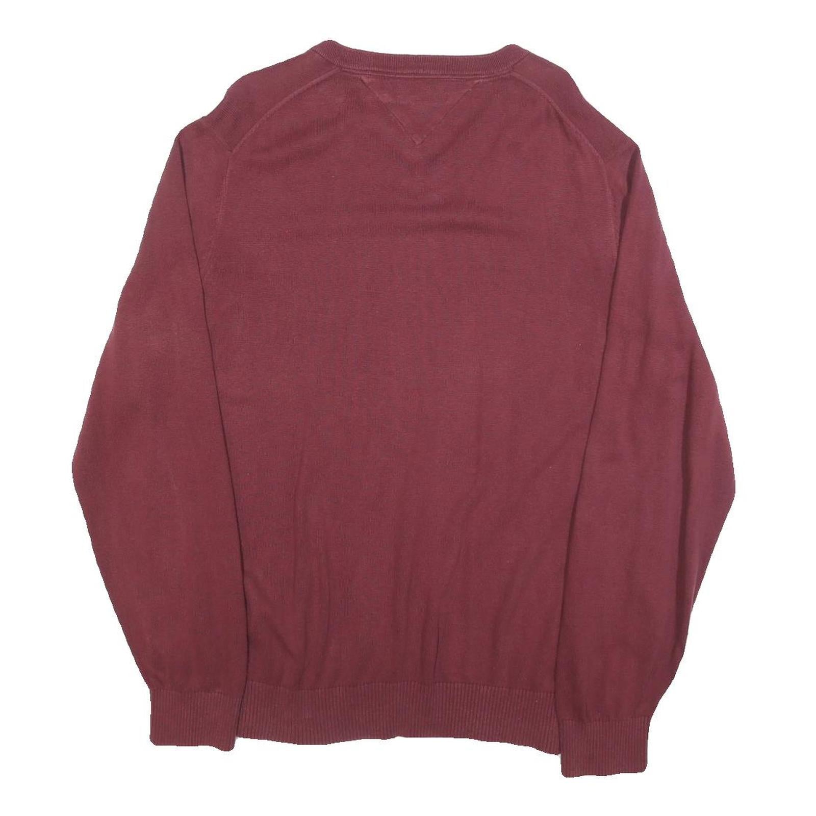 TOMMY HILFIGER Mens Maroon Plain V-Neck Basic Knit Jumper L Cotton Blend Classic