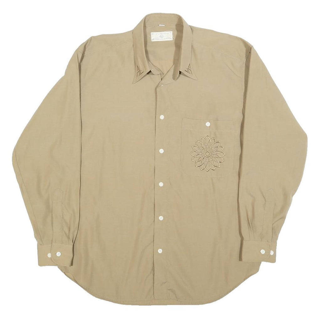CITY SHIRT Mens Beige Shirt M Embroidered Pocket Floral Design Long Sleeve
