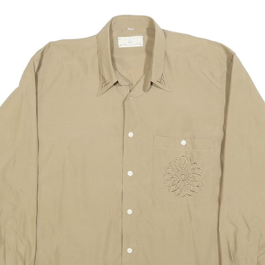 CITY SHIRT Mens Beige Shirt M Embroidered Pocket Floral Design Long Sleeve