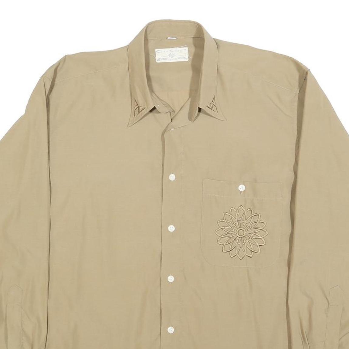 CITY SHIRT Mens Beige Shirt M Embroidered Pocket Floral Design Long Sleeve