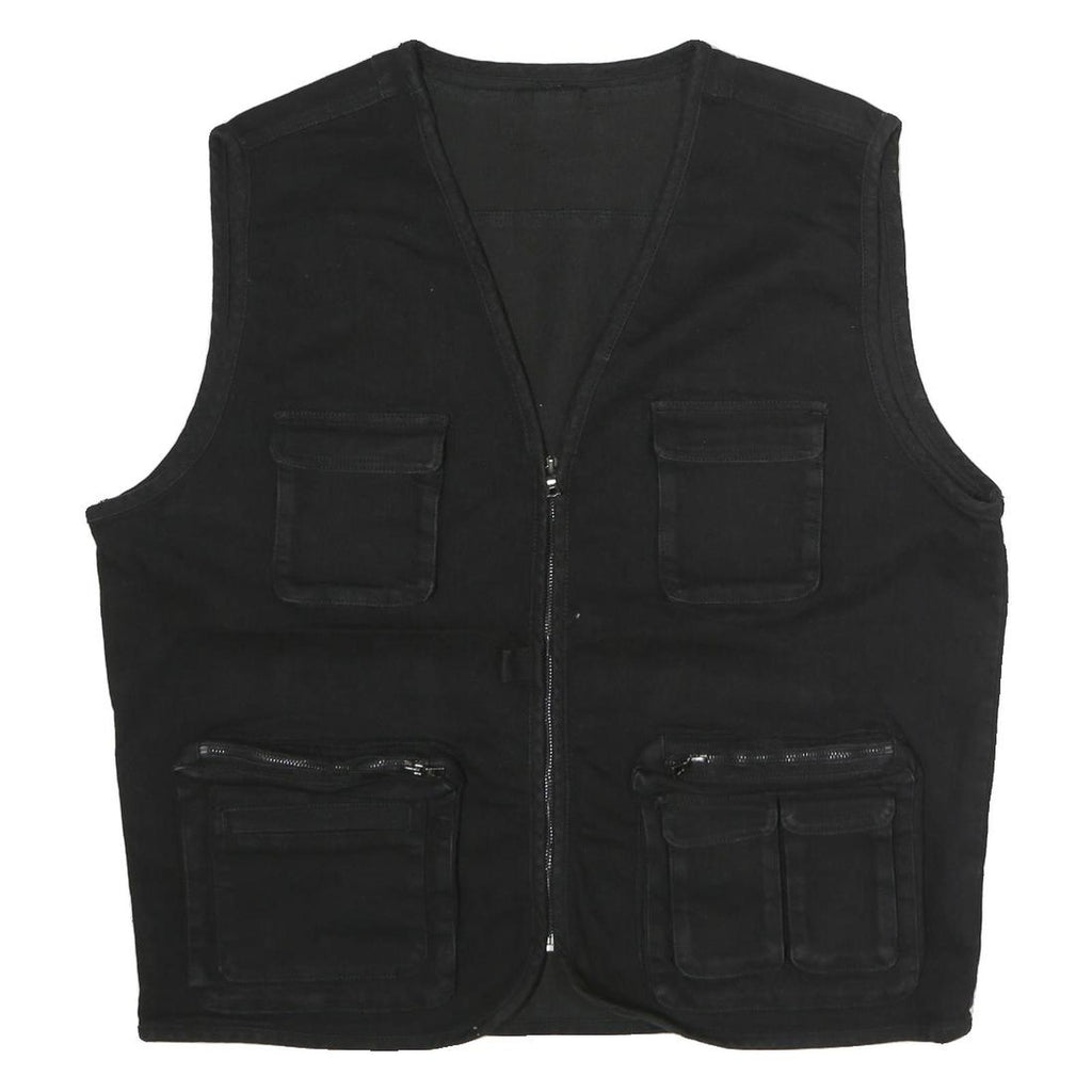 Mens Black Cotton Blend Utility Jacket XL Plain Multi Pocket Zip Vest
