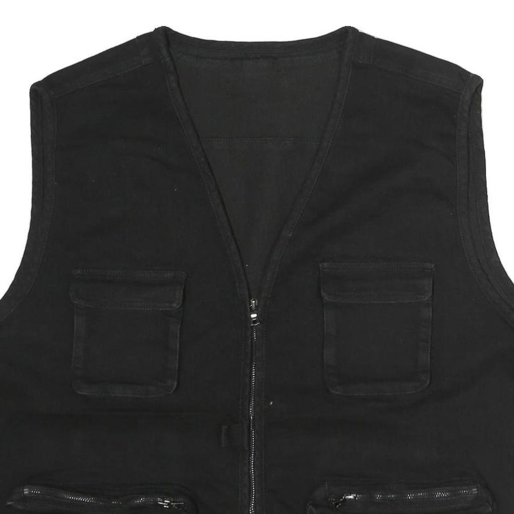 Mens Black Cotton Blend Utility Jacket XL Plain Multi Pocket Zip Vest