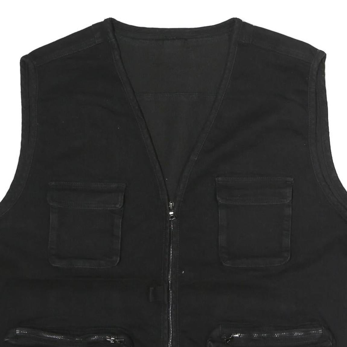 Mens Black Cotton Blend Utility Jacket XL Plain Multi Pocket Zip Vest
