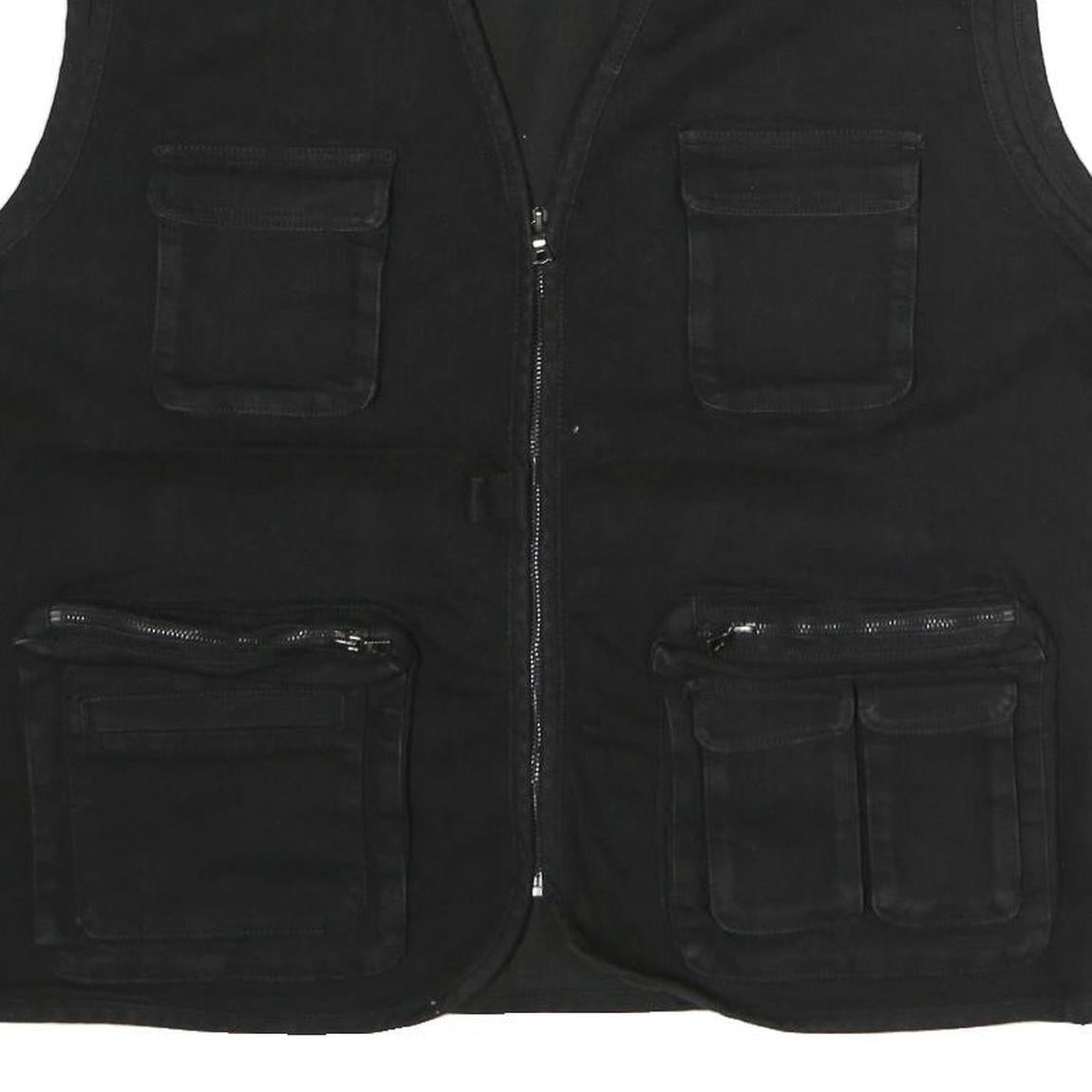 Mens Black Cotton Blend Utility Jacket XL Plain Multi Pocket Zip Vest