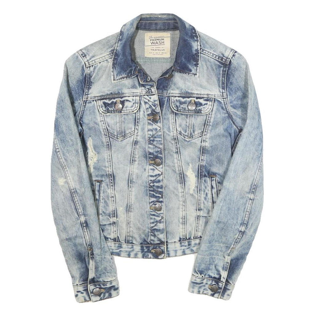ZARA Womens Blue Denim Jacket S Cotton Blend Button Distressed Casual
