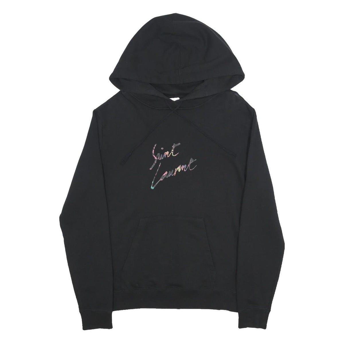 SAINT LAURENT Mens Black Pullover Hoodie S Cotton Drawstring Logo Script Print