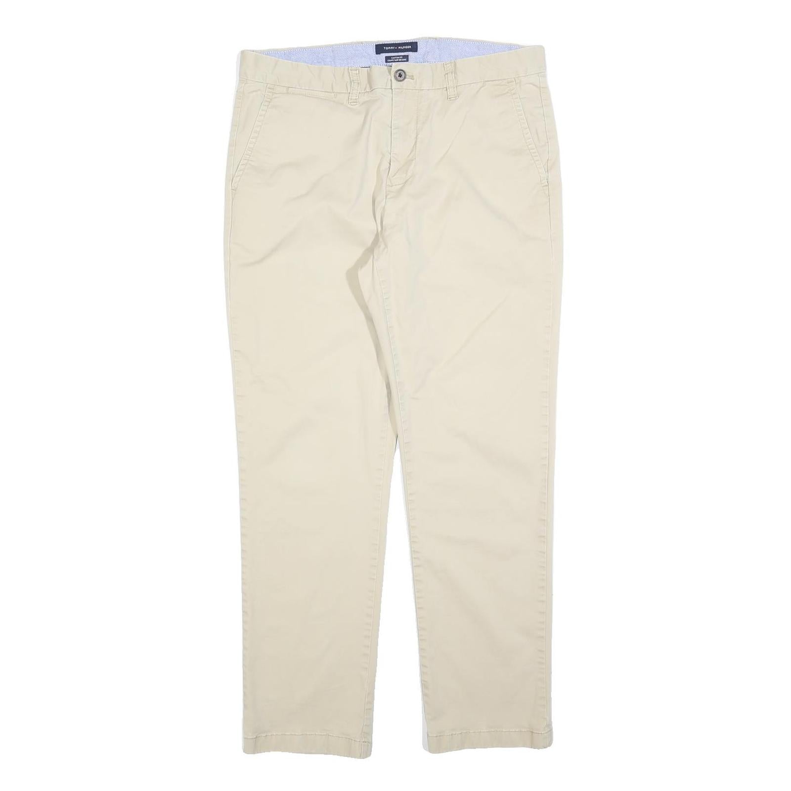 TOMMY HILFIGER Mens Cotton Blend Beige Slim Straight Trousers W34 L30 Casual