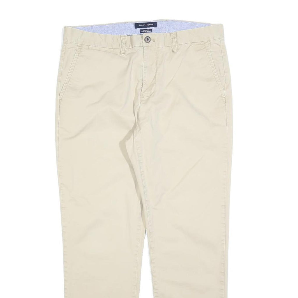 TOMMY HILFIGER Mens Cotton Blend Beige Slim Straight Trousers W34 L30 Casual