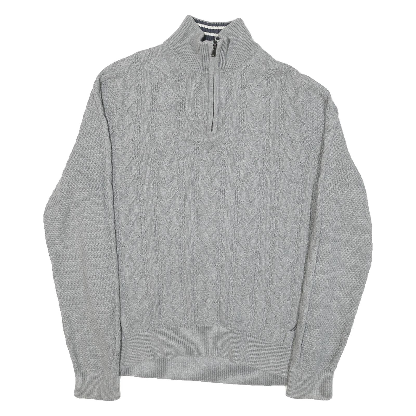 NAUTICA Womens Grey Patterned Jumper Cotton Blend Half Zip Cable Knit S