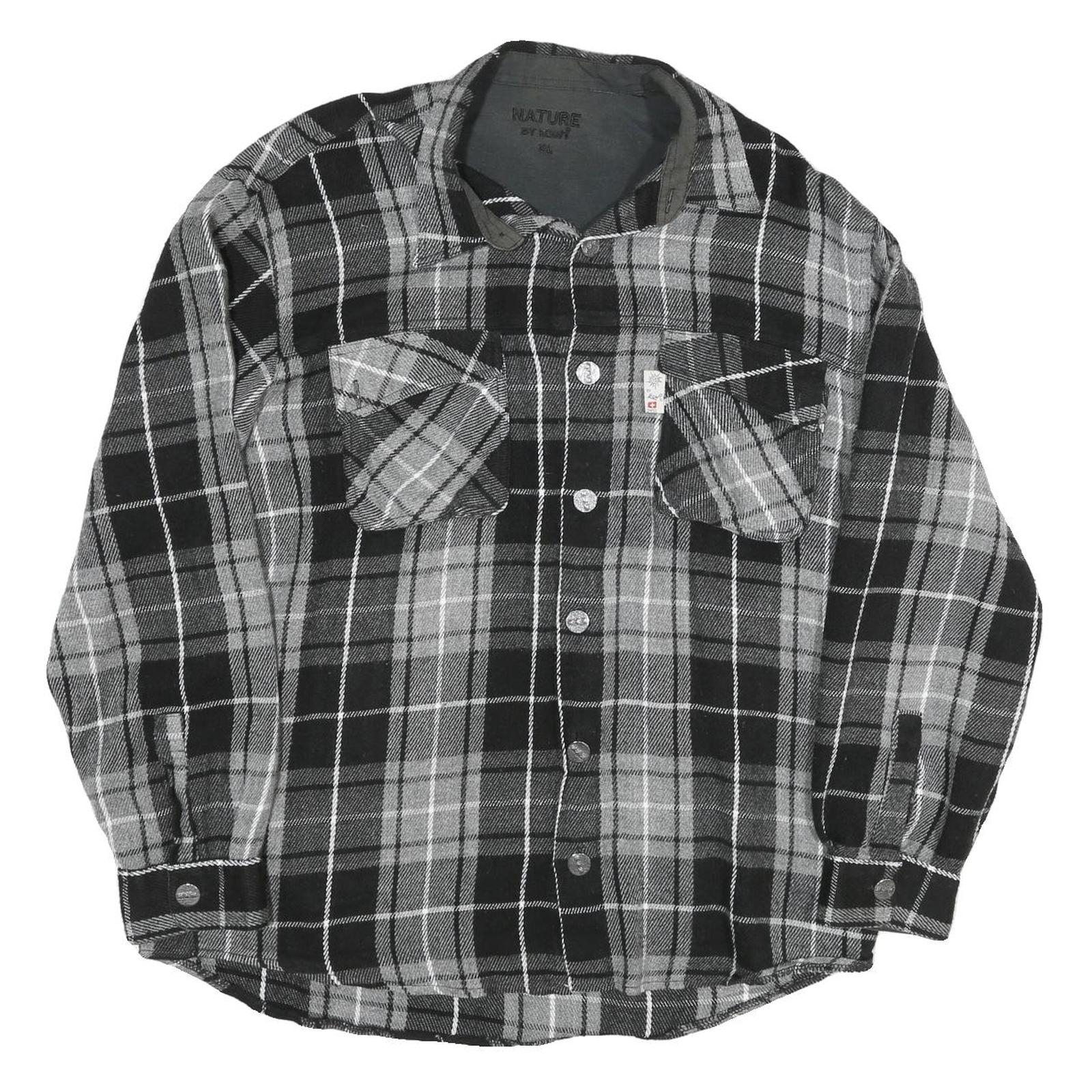 NATURE Mens Black & Grey Check Shirt XL Button Front Long Sleeve Casual