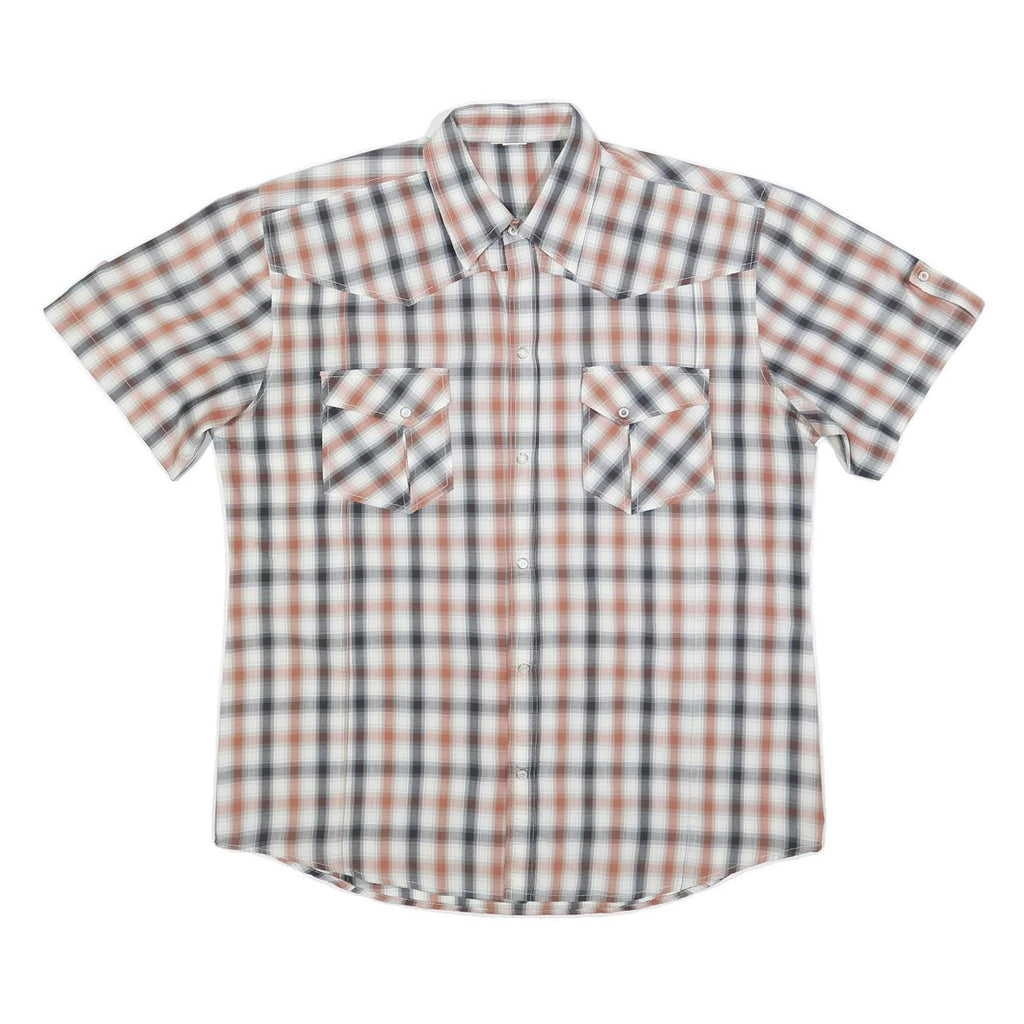 Mens Beige Black & White Checked Shirt L Cotton Blend Short Sleeve Casual