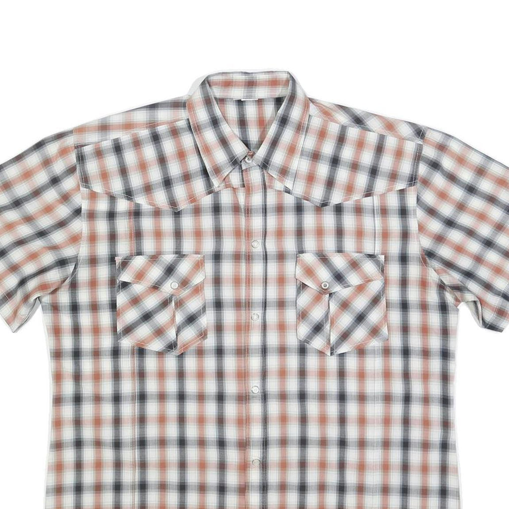 Mens Beige Black & White Checked Shirt L Cotton Blend Short Sleeve Casual