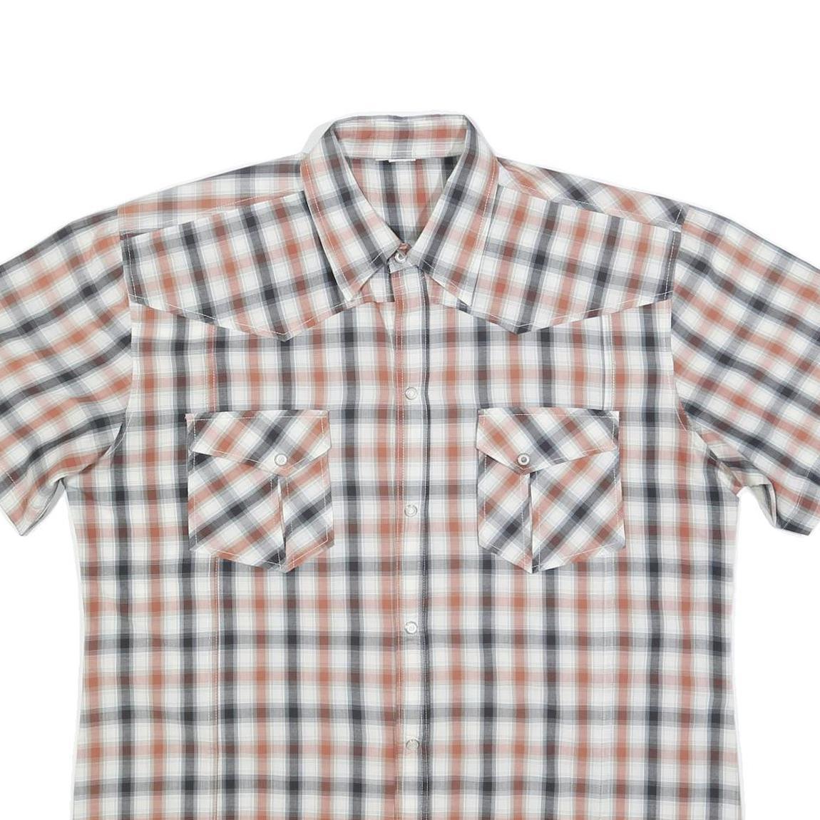 Mens Beige Black & White Checked Shirt L Cotton Blend Short Sleeve Casual