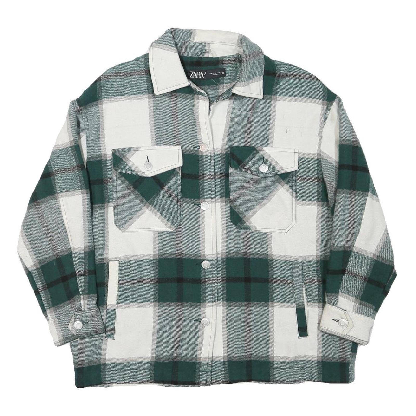 ZARA Womens Green & White Check Jacket M Polyester Blend Button Closure Casual