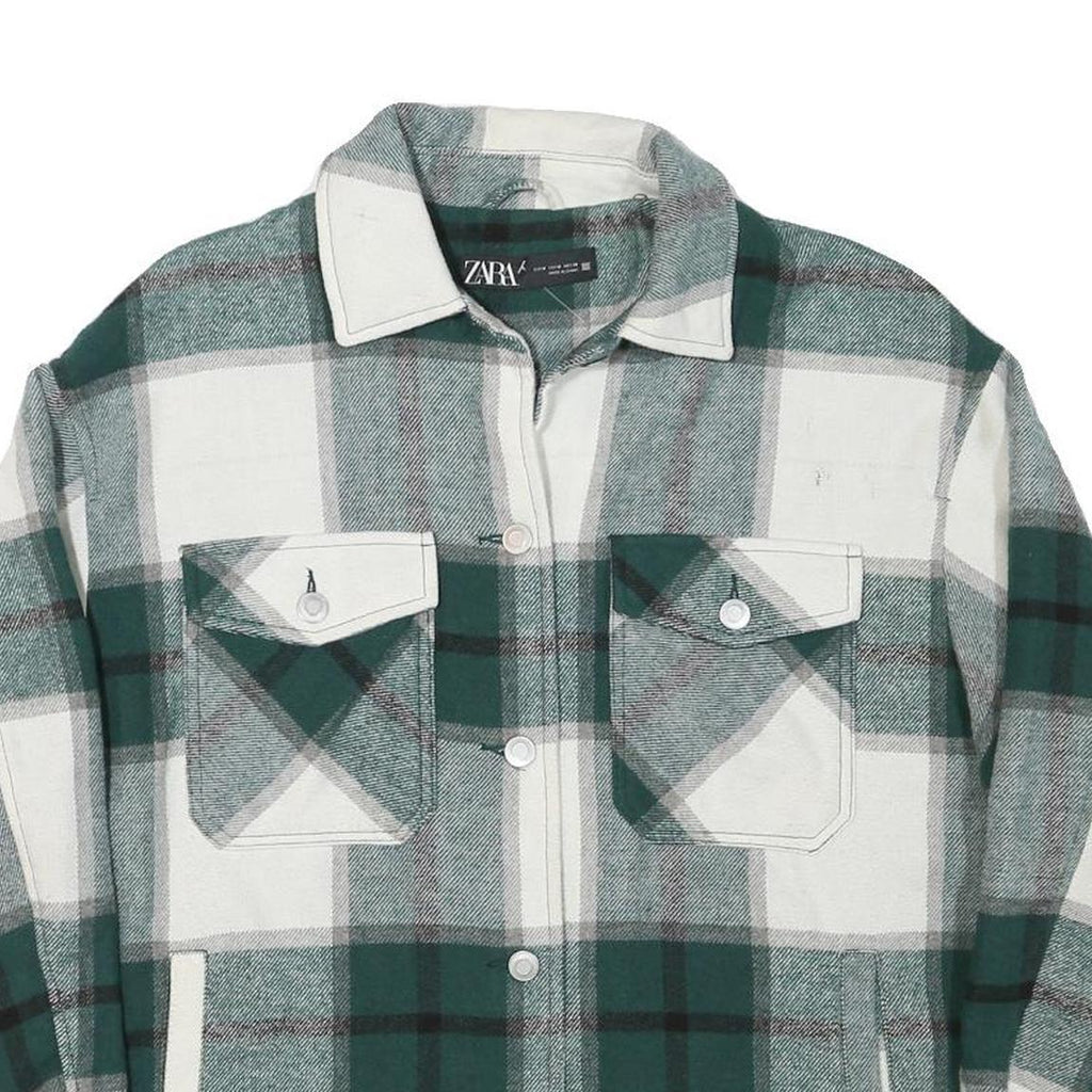 ZARA Womens Green & White Check Jacket M Polyester Blend Button Closure Casual