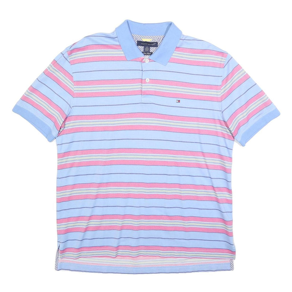 TOMMY HILFIGER Mens Blue & Pink Striped Short Sleeve Polo Shirt L Cotton Blend