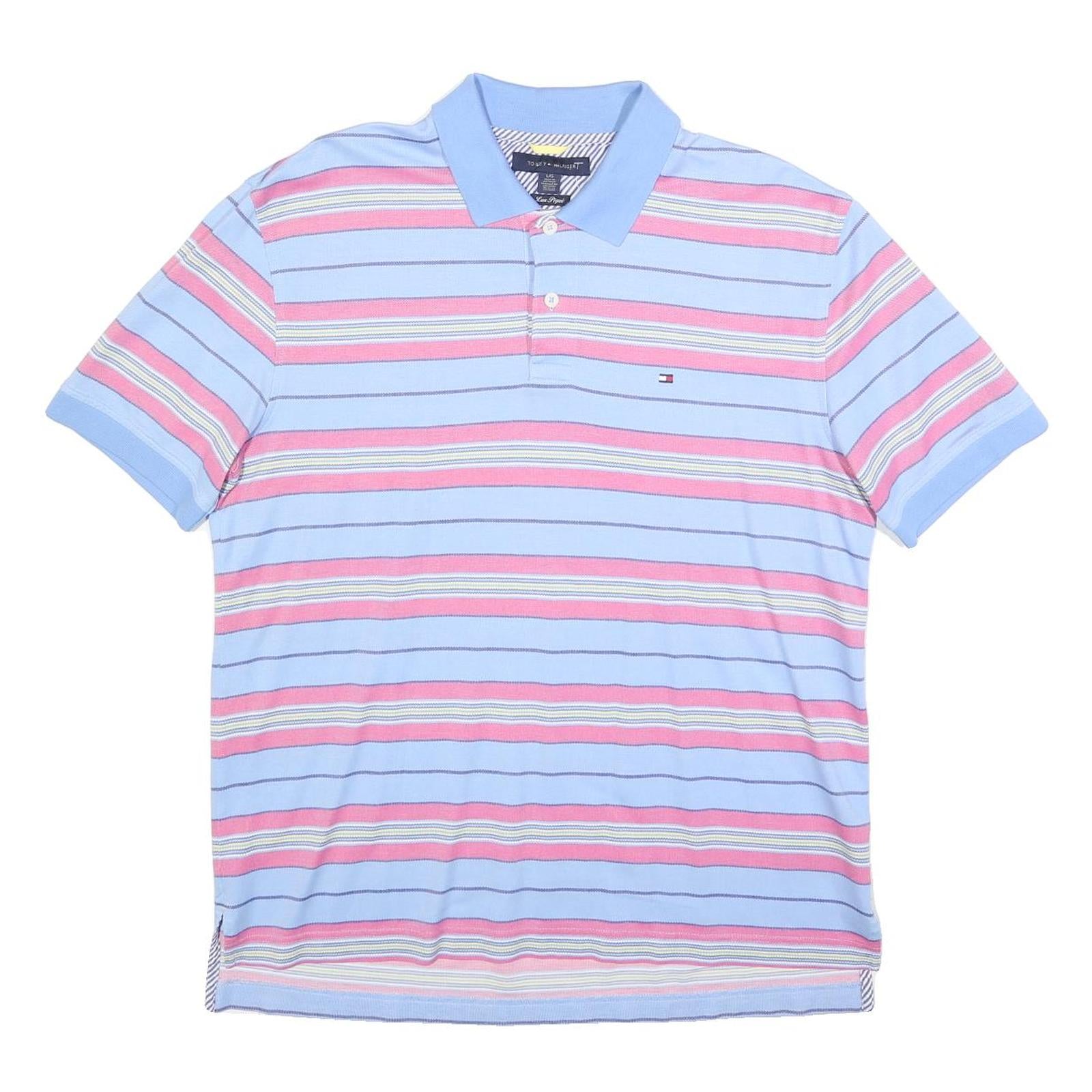 TOMMY HILFIGER Mens Blue & Pink Striped Short Sleeve Polo Shirt L Cotton Blend