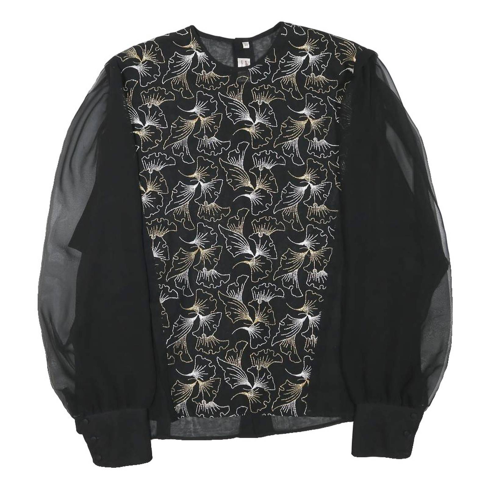 Womens Black & Gold Printed Blouse Long Sleeve Round Neck XL Elegant Top