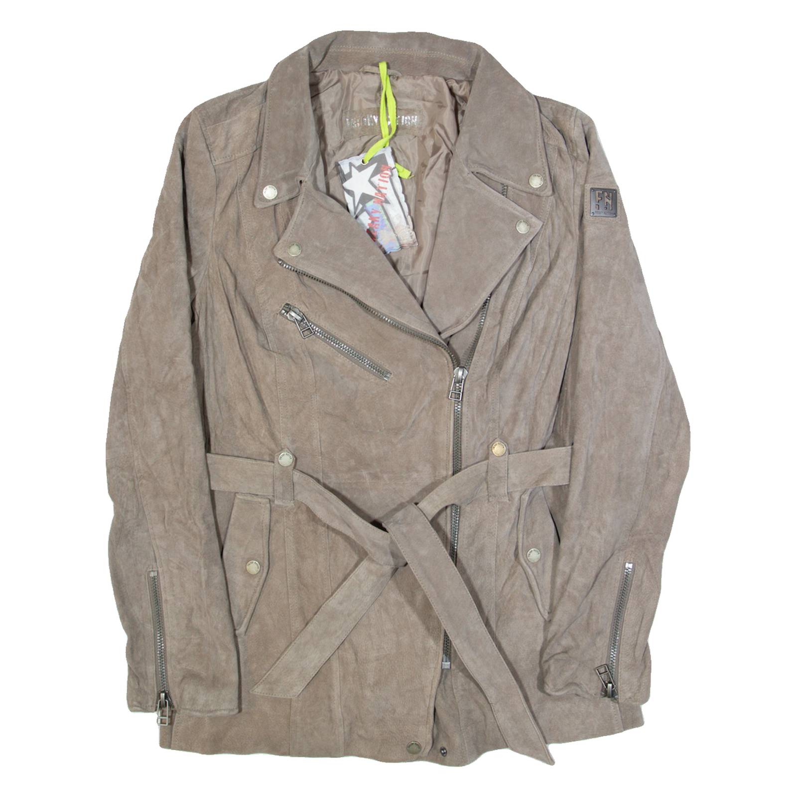 FREAKY NATION Belted Womens Biker Jacket Grey Leather Suede XL