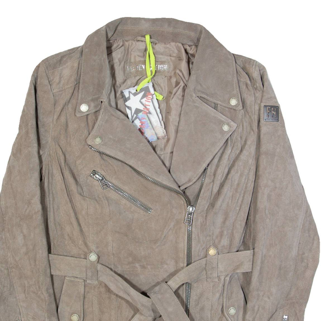 FREAKY NATION Belted Womens Biker Jacket Grey Leather Suede XL