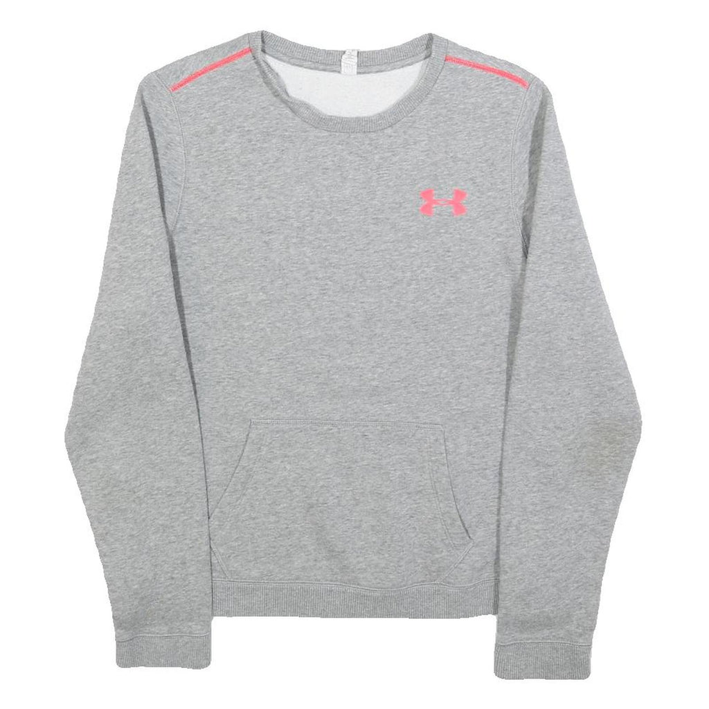 UNDER ARMOUR Womens Grey Sweatshirt Crew Neck S Pink Logo Casual Pullover
