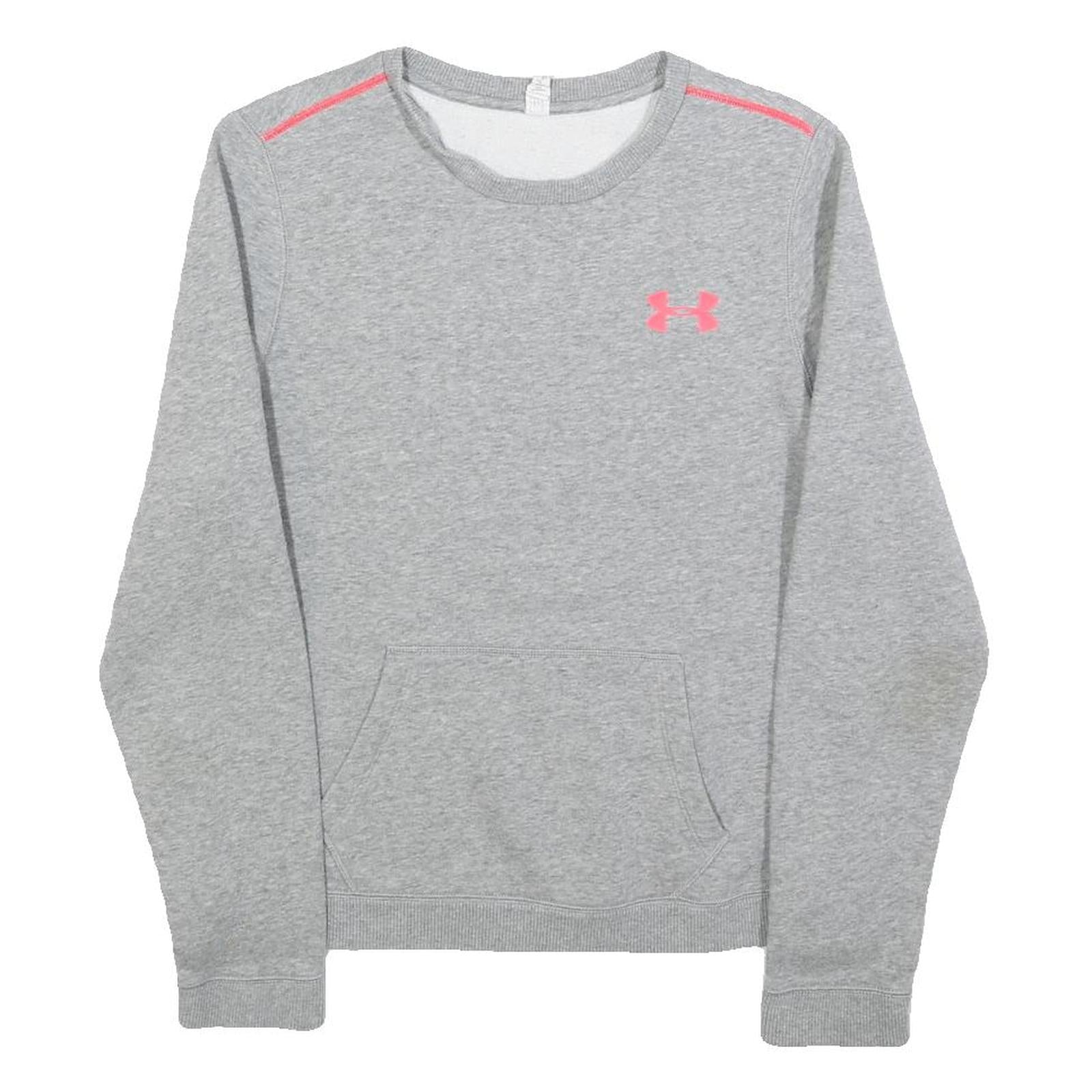 UNDER ARMOUR Womens Grey Sweatshirt Crew Neck S Pink Logo Casual Pullover