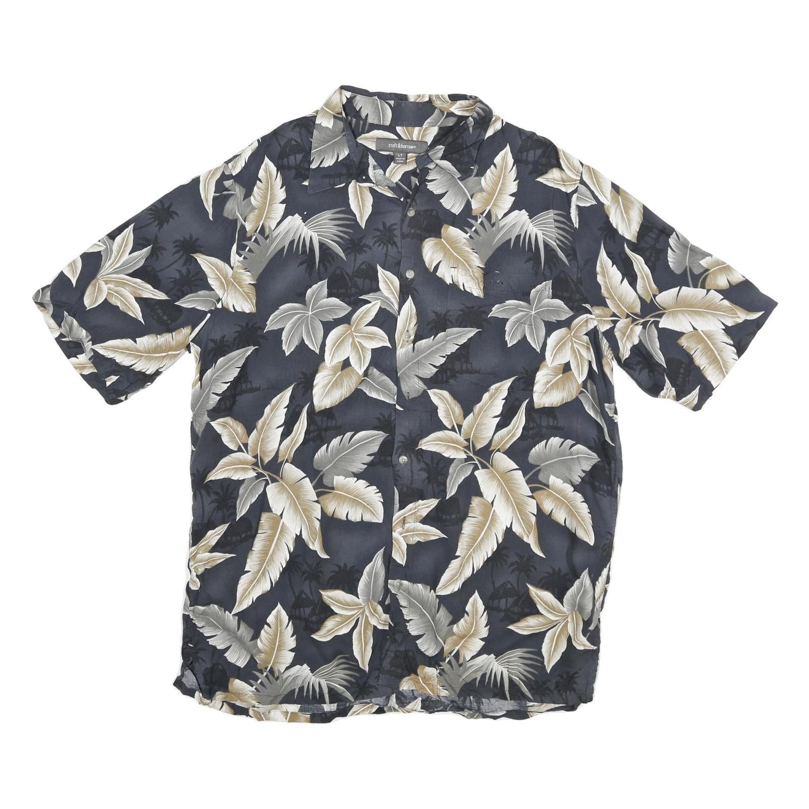 CROFT & BARROW Mens Blue Beige Hawaiian Shirt L Cotton Blend Summer Casual