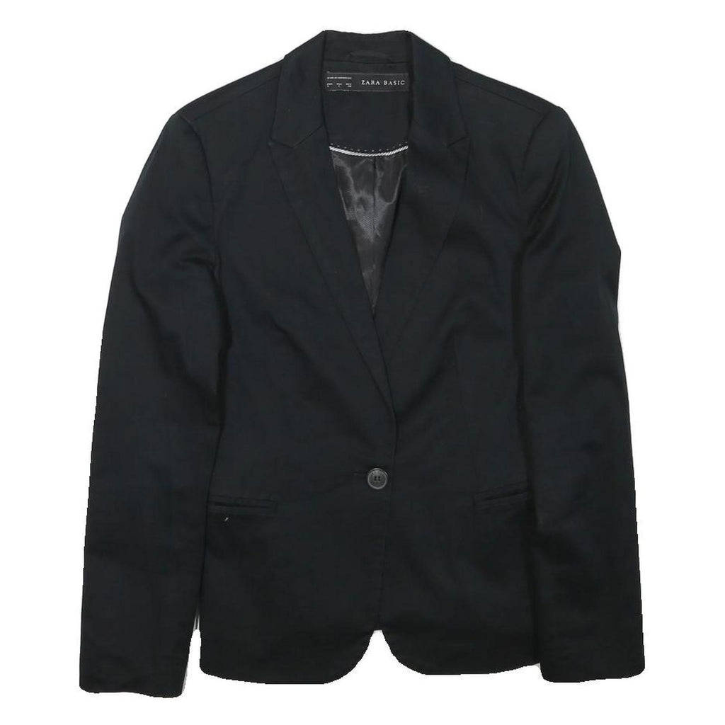 ZARA BASIC Womens Black Cotton Blend Blazer Jacket S Plain Button Closure