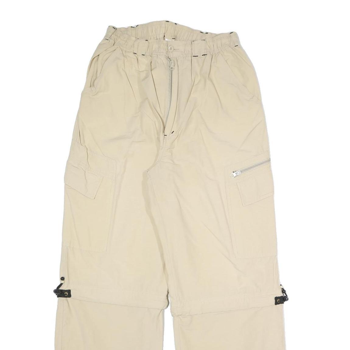 Mens Relaxed Beige Polyester Blend Cargo Trousers W26 L29 Zip Pockets Casual