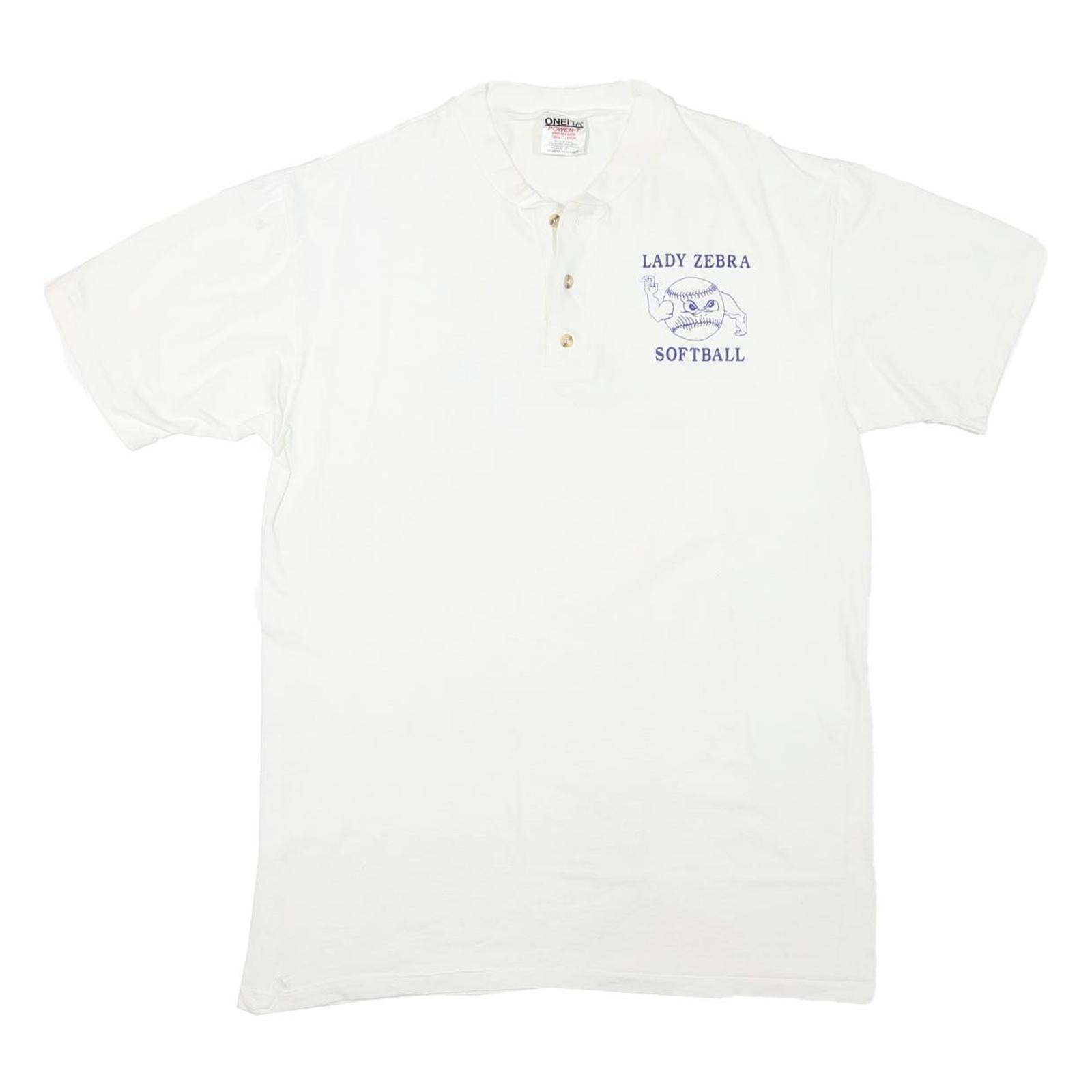ONEITA Mens White Lady Zebra Softball Polo T-Shirt L Short Sleeve Crew Neck