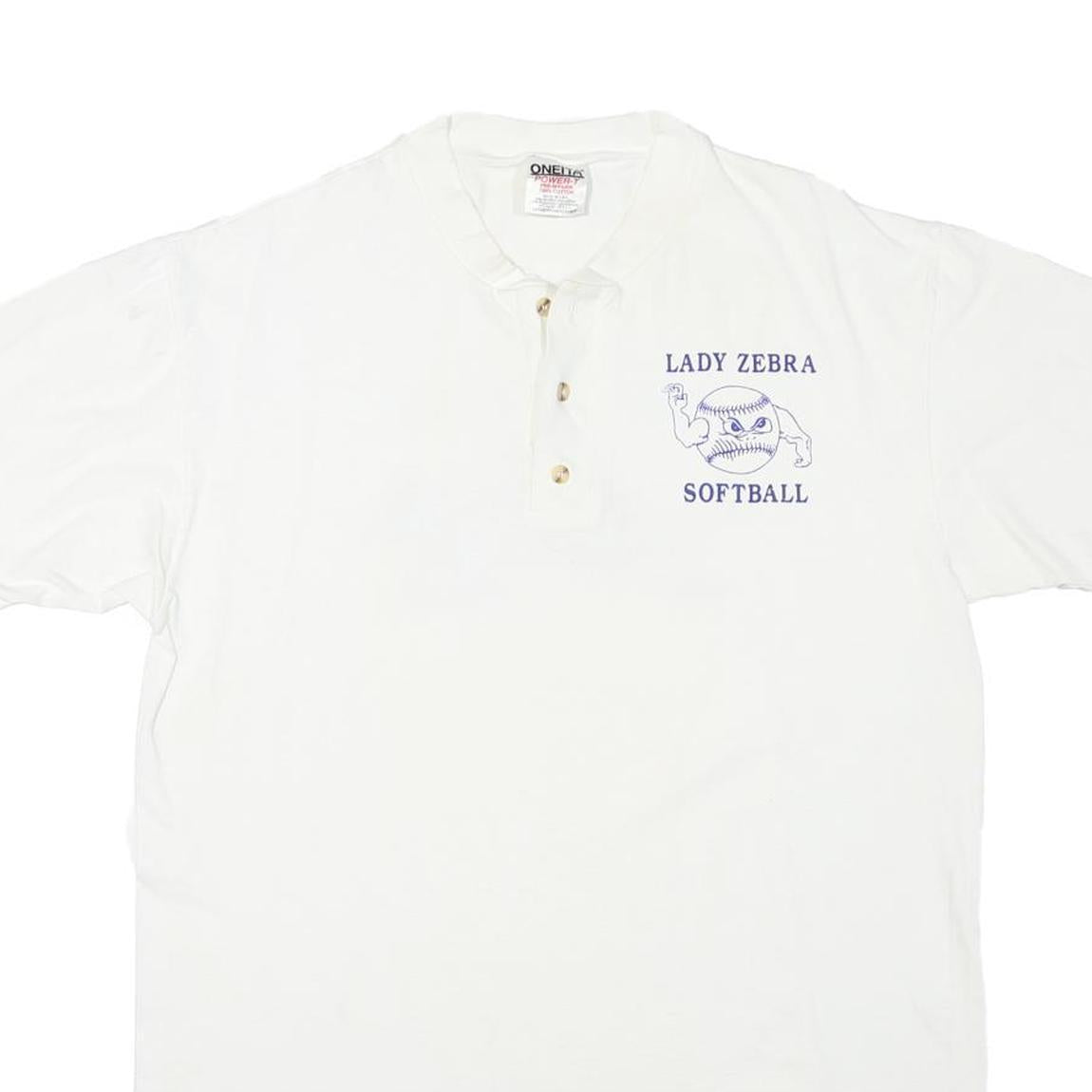 ONEITA Mens White Lady Zebra Softball Polo T-Shirt L Short Sleeve Crew Neck