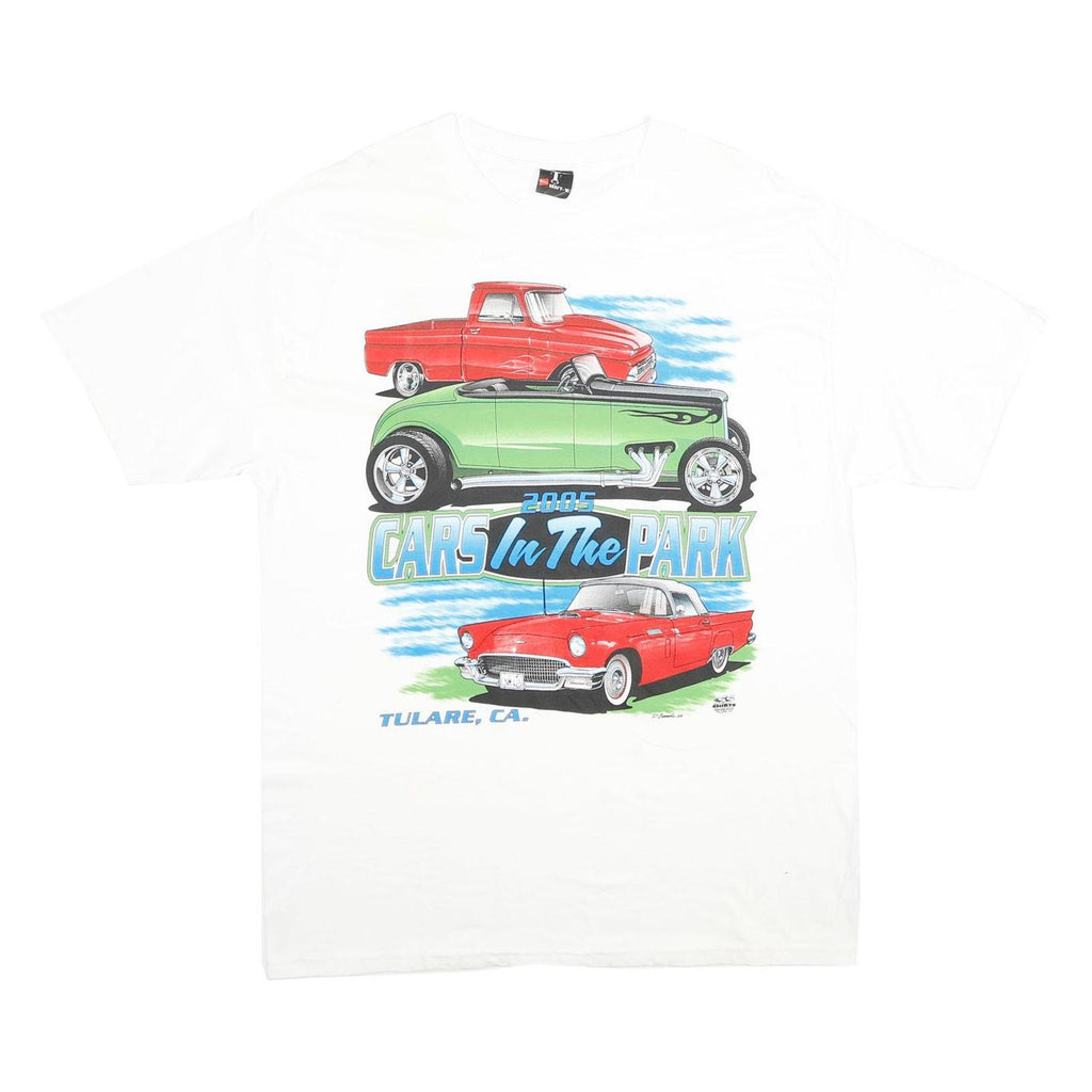 HANES Mens White Cars In The Park Graphic T-Shirt L Short Sleeve Crew Neck Event