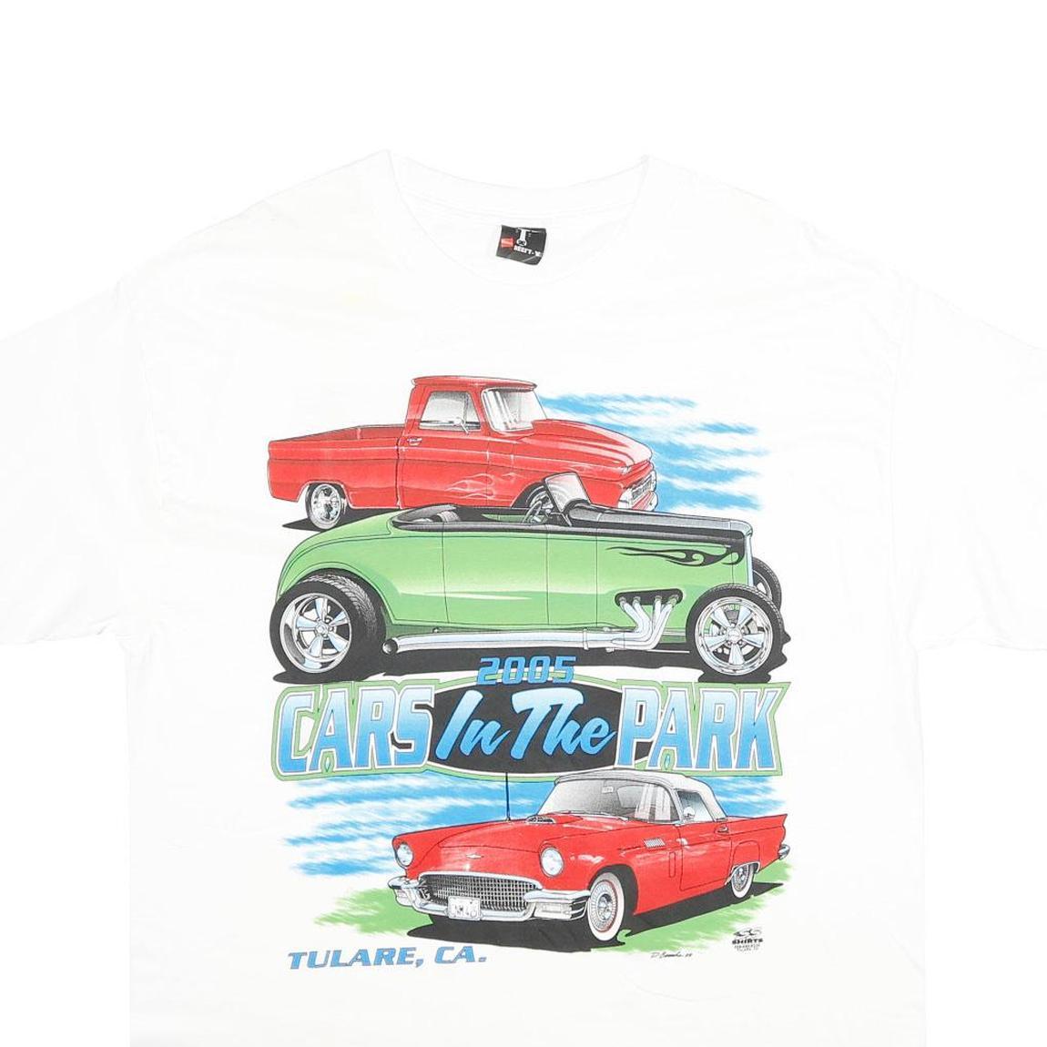 HANES Mens White Cars In The Park Graphic T-Shirt L Short Sleeve Crew Neck Event