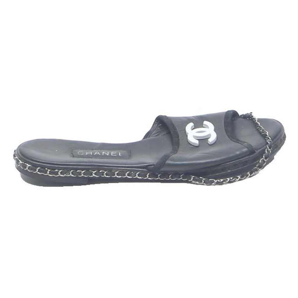 CHANEL Womens Black Leather Slide Sandals UK 4 Slip On Open Toe Chain Trim