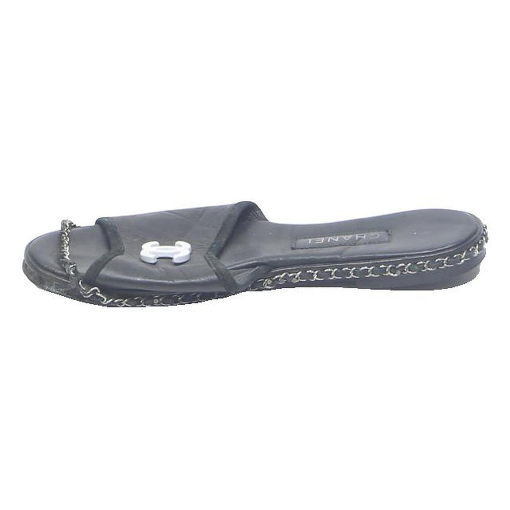CHANEL Womens Black Leather Slide Sandals UK 4 Slip On Open Toe Chain Trim