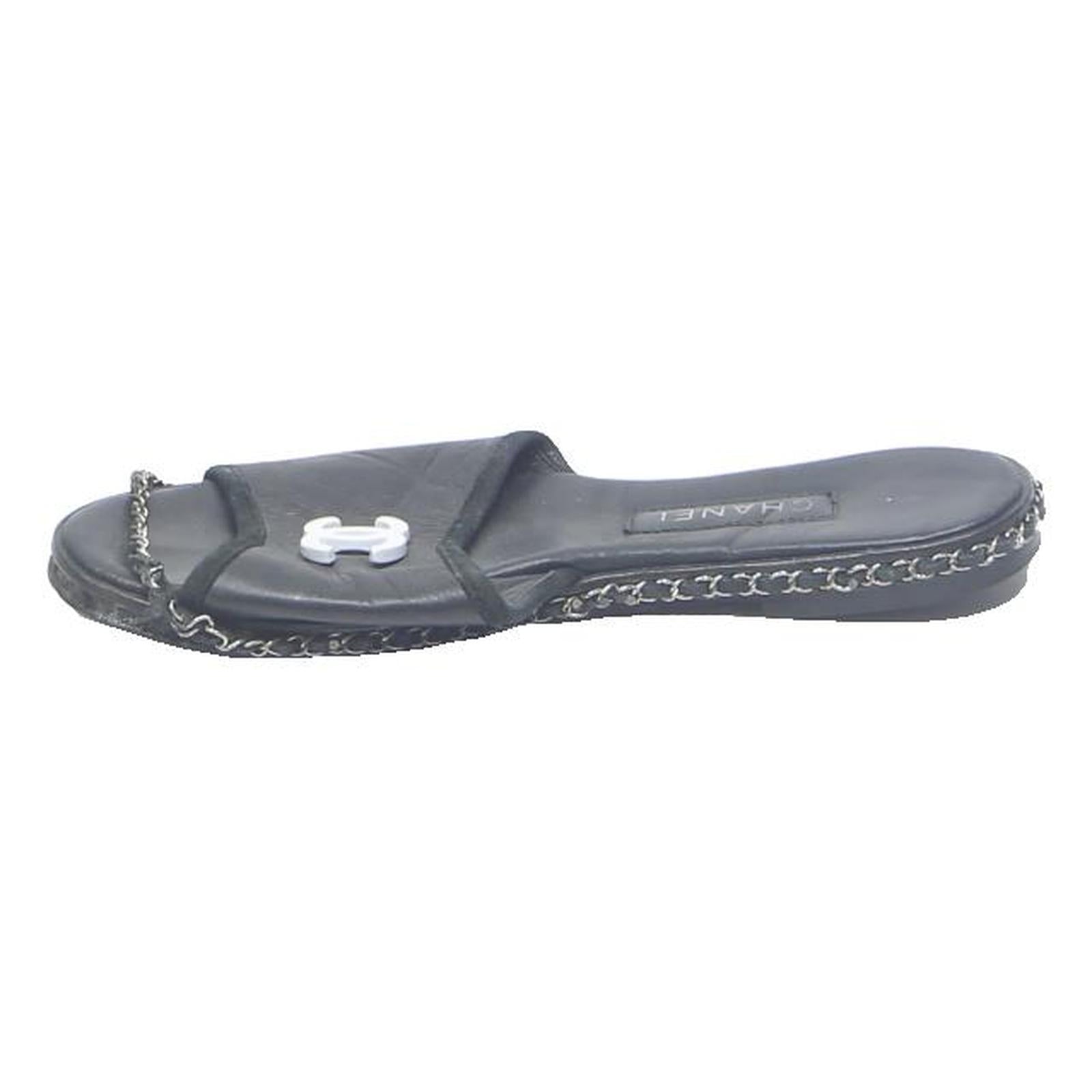 CHANEL Womens Black Leather Slide Sandals UK 4 Slip On Open Toe Chain Trim